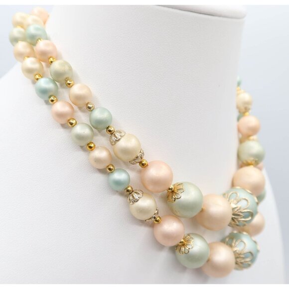 Vintage Mint & Blush Pink 2-Strand Beaded Necklace w/ Gold Tone Finishings - Picture 2 of 4